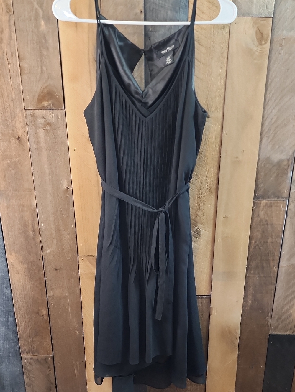 White House Black Market Black Pleated High-Low Slip Dress with Waist Tie